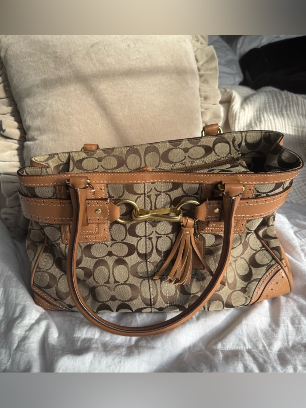 Coach Brown Signature Canvas Tote with Tan Leather Trim
